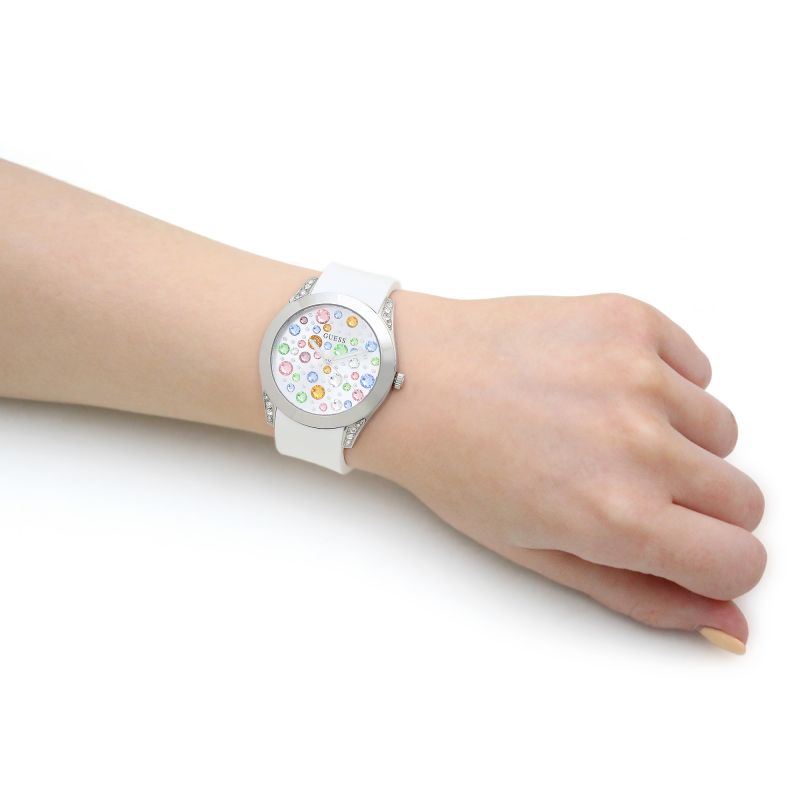 Guess Wanderlust Crystals Silver Dial White Rubber Strap Women Watch - W1059L1