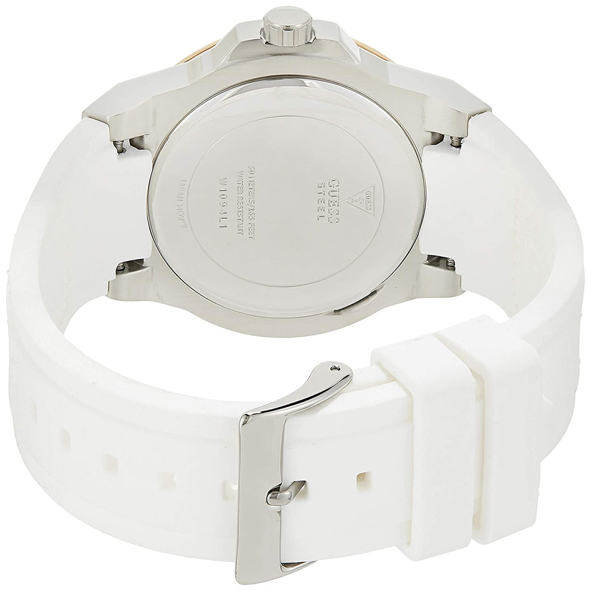 Guess Zena watch caseback showing white silicone strap and clasp