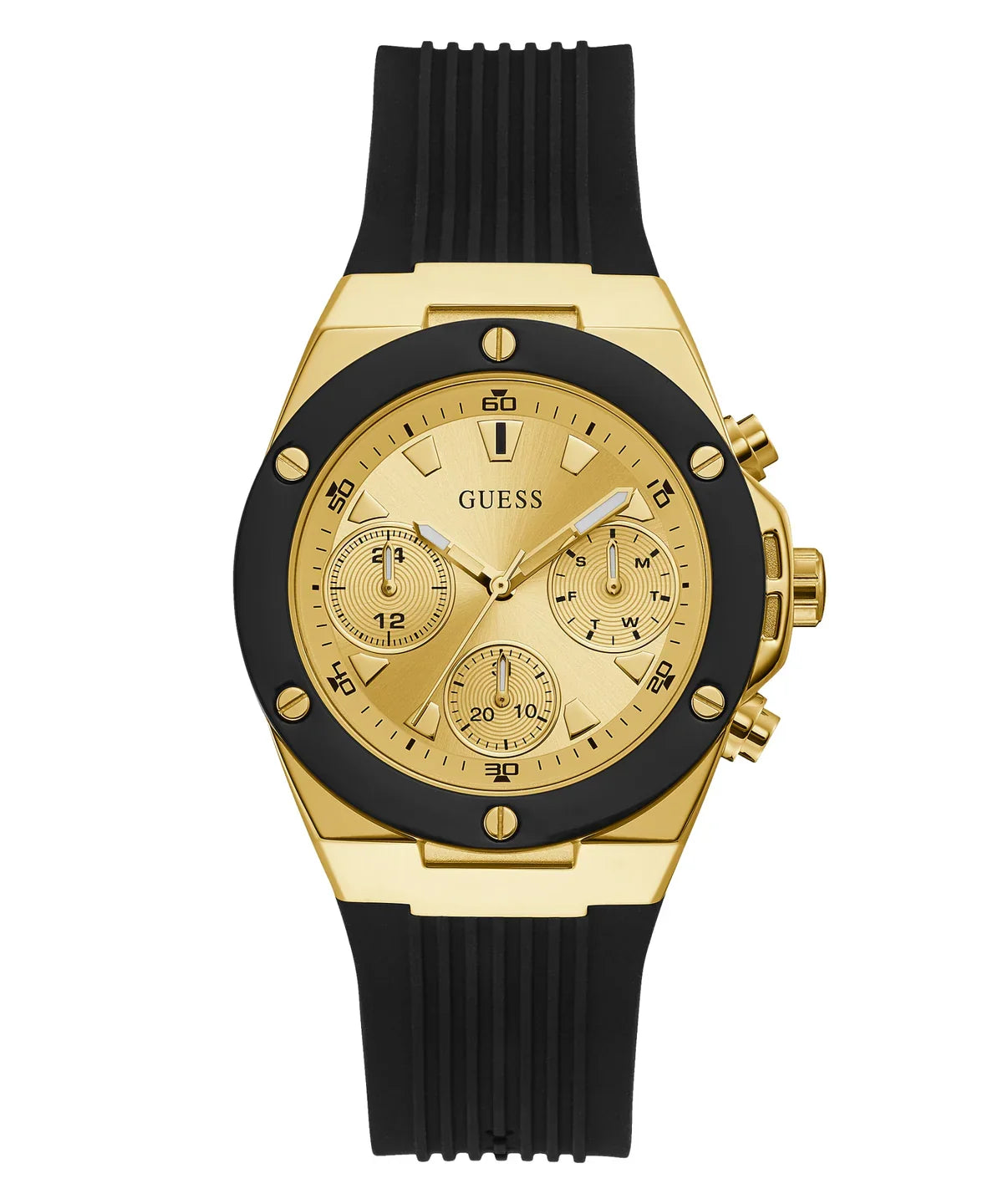 GUESS GW0030L2 black and gold tone ladies chronograph watch with multi-function dial