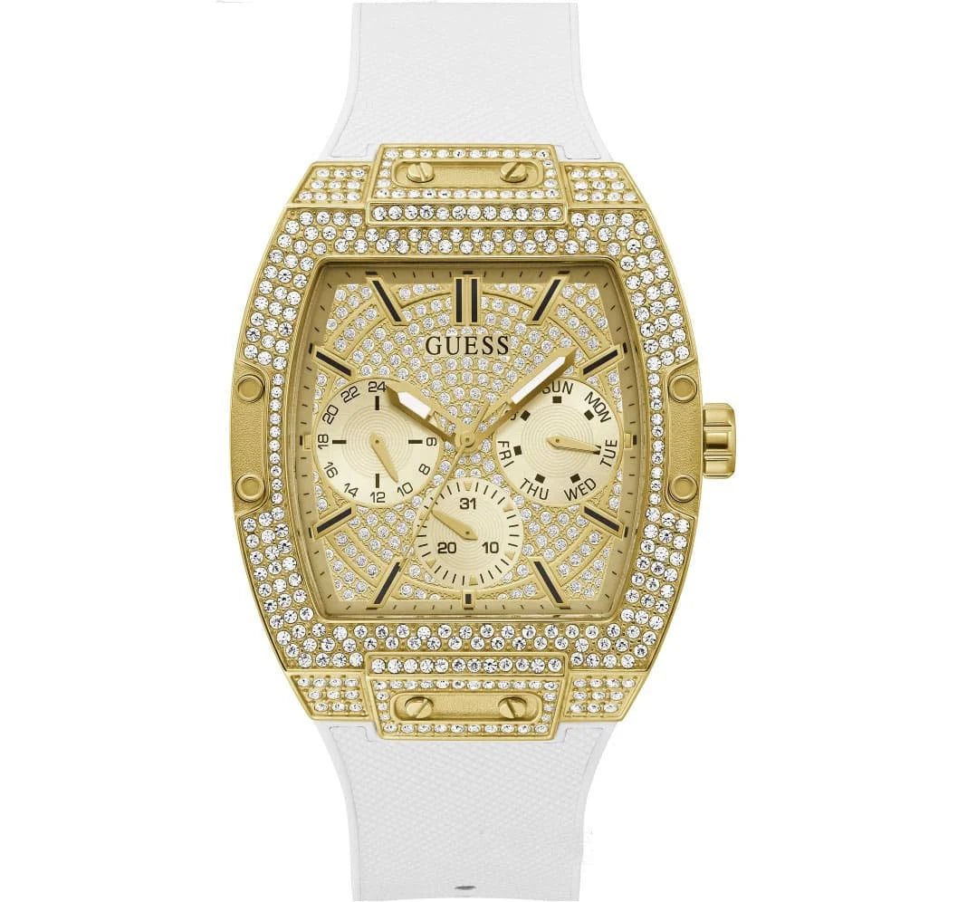 Guess Phoenix Multifunction Quartz Gold Dial White Silicon Strap Men Watch - GW0048G3