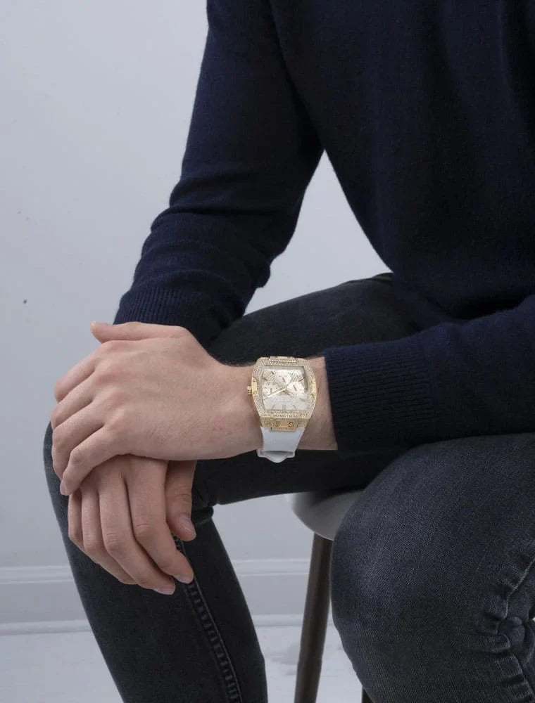 Guess Phoenix Multifunction Quartz Gold Dial White Silicon Strap Men Watch - GW0048G3