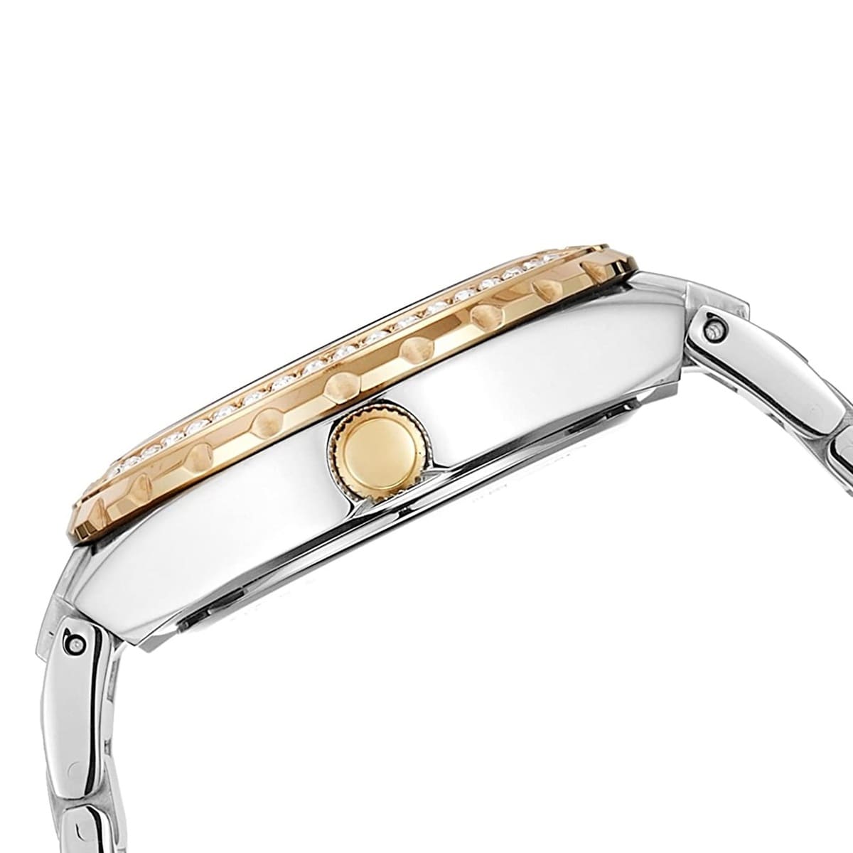 GUESS GW0111L5 watch side profile showing case thickness and crystal-set bezel detail