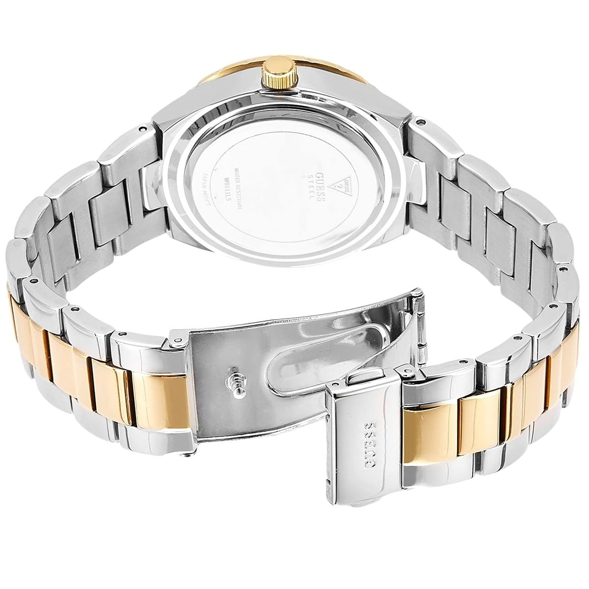 GUESS GW0111L5 watch top-down view showing round 38mm case and metal bracelet