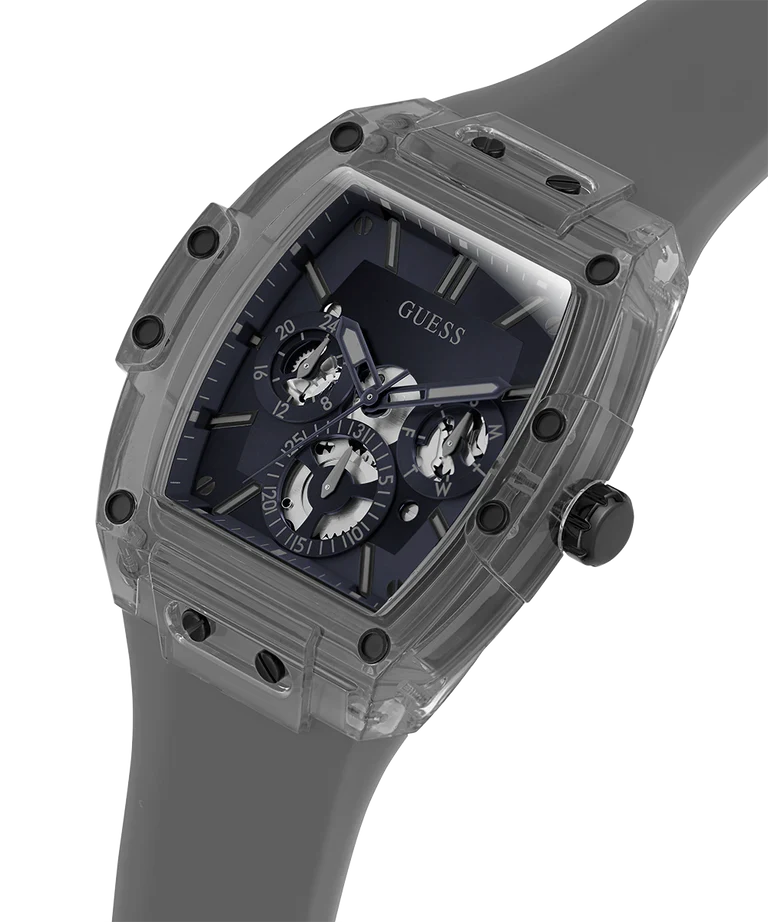 GUESS GW0203G9 grey watch angled view showing case and chronograph functions