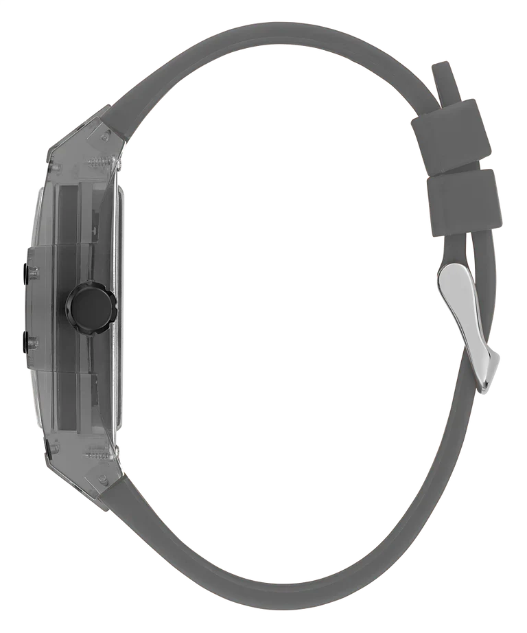 GUESS GW0203G9 grey watch side view showing case profile and silicone strap