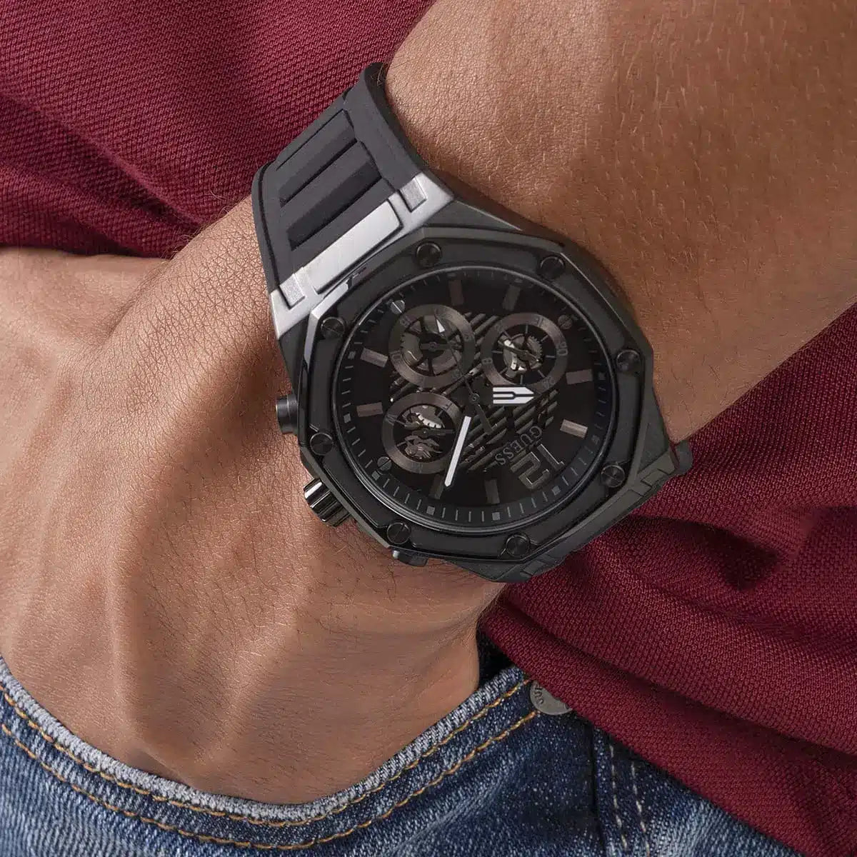 Guess Black Multifunction Steel Case Silicone Strap Men's Watch - GW0263G4
