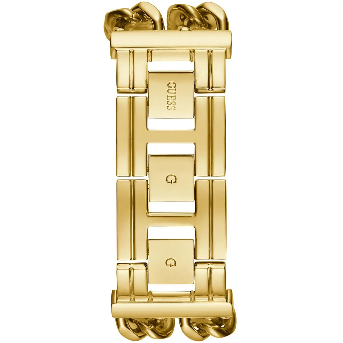 Gold chainlink bracelet strap detail of Guess G Mod watch