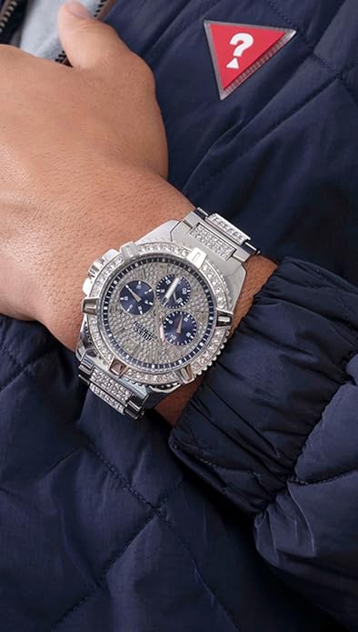 Guess Frontier 48mm blue chronograph watch worn on wrist