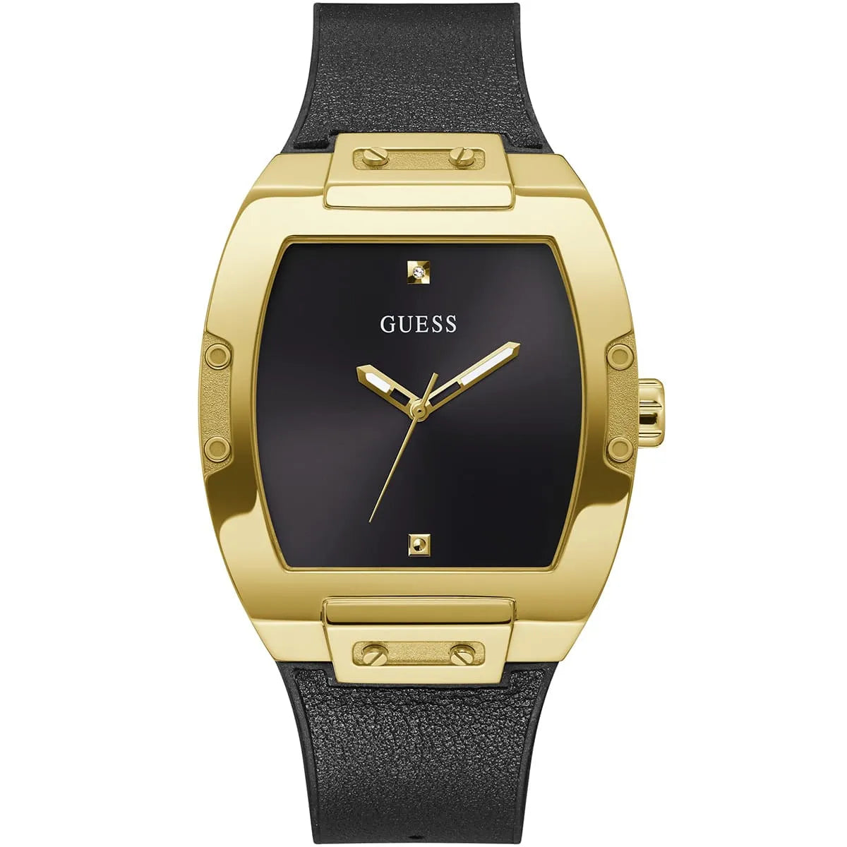 Guess Phoenix men's watch with gold-tone square case, black dial, and black leather strap