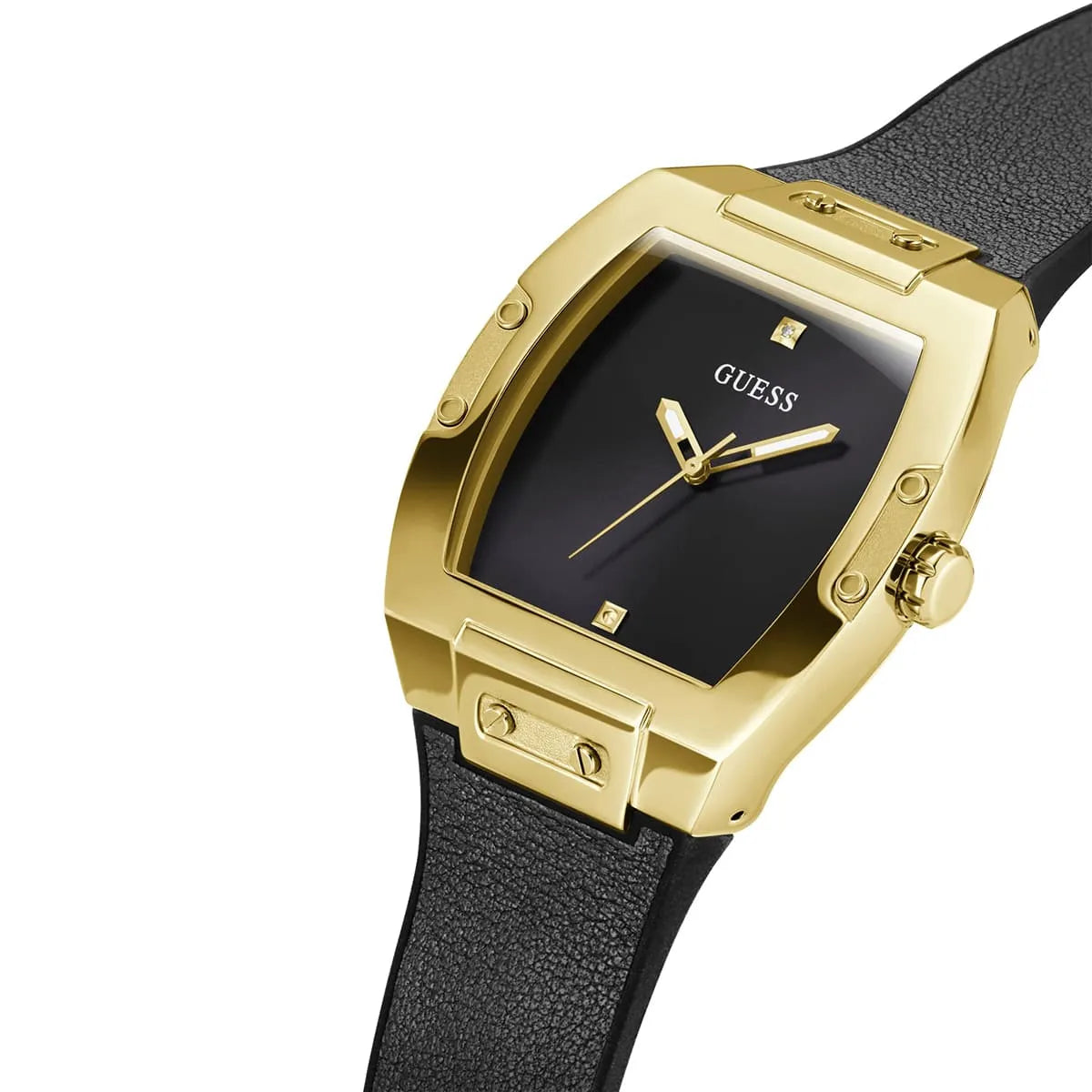 Guess Phoenix watch worn on wrist showing gold case and black strap