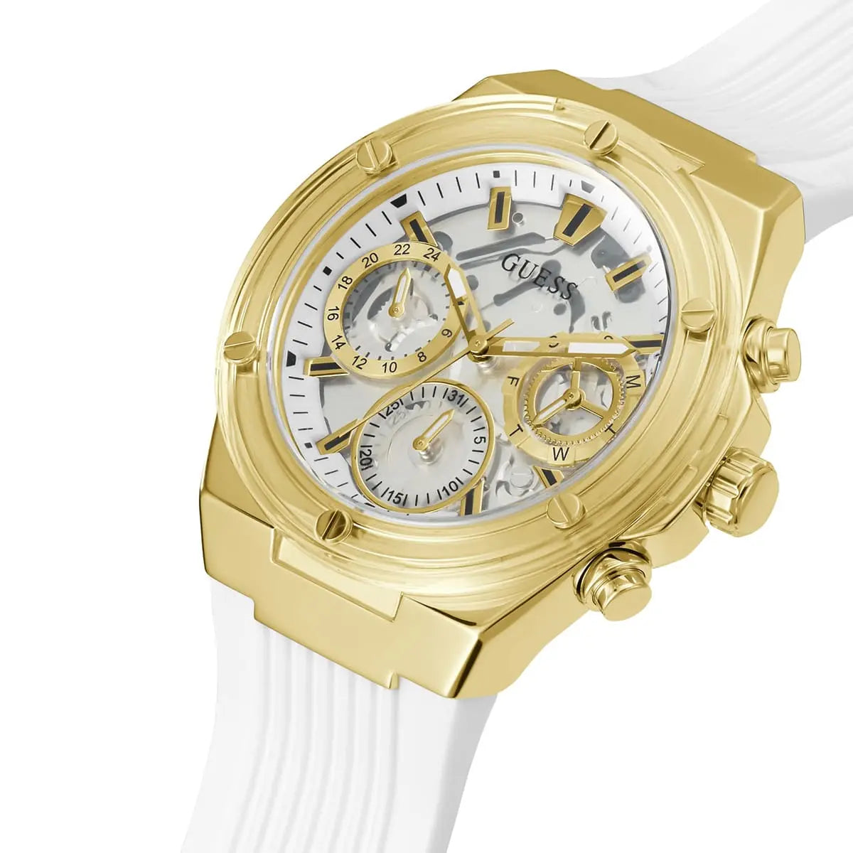 Guess GW0409L2 watch angled view showing gold case and white rubber strap with multi-subdial chronograph dial