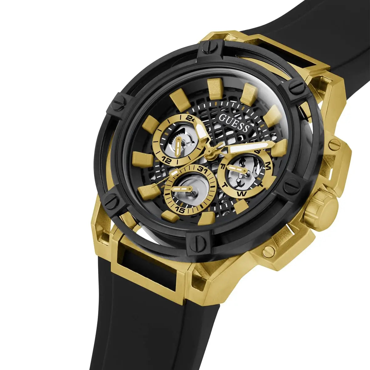 Guess Matrix Multifunction Gold Dial Black Rubber Strap Men Watch - GW0423G2