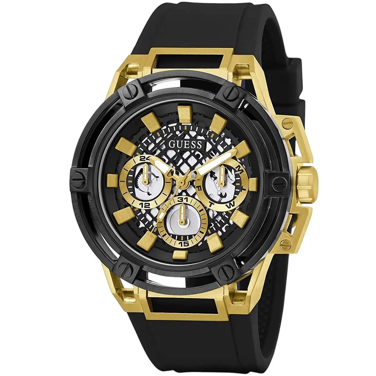 Guess Matrix Multifunction Gold Dial Black Rubber Strap Men Watch - GW0423G2