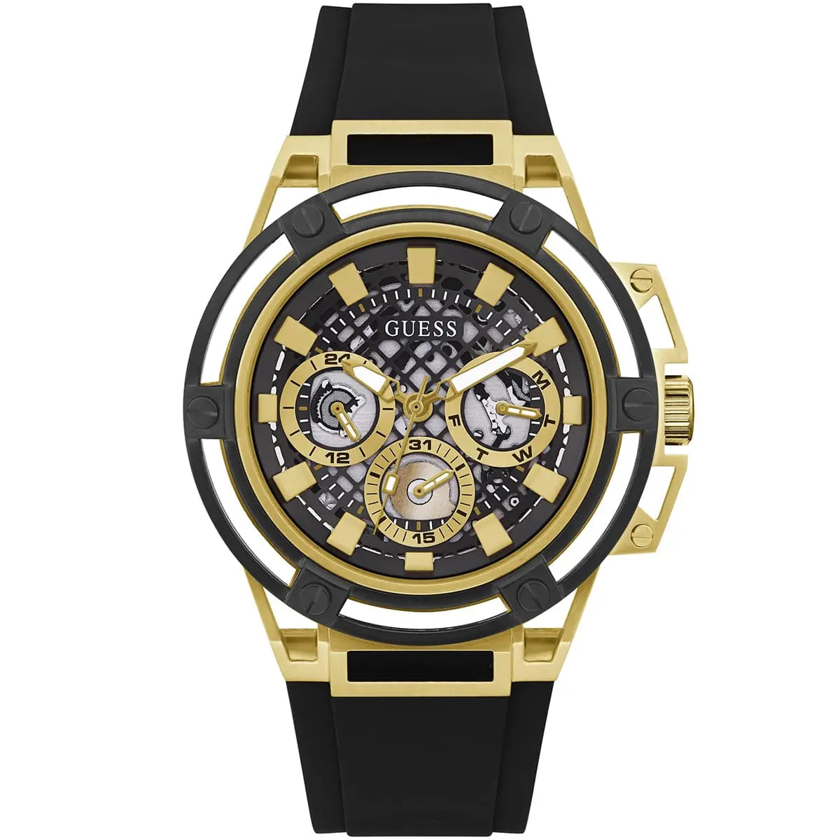 Guess Matrix Multifunction Gold Dial Black Rubber Strap Men Watch - GW0423G2