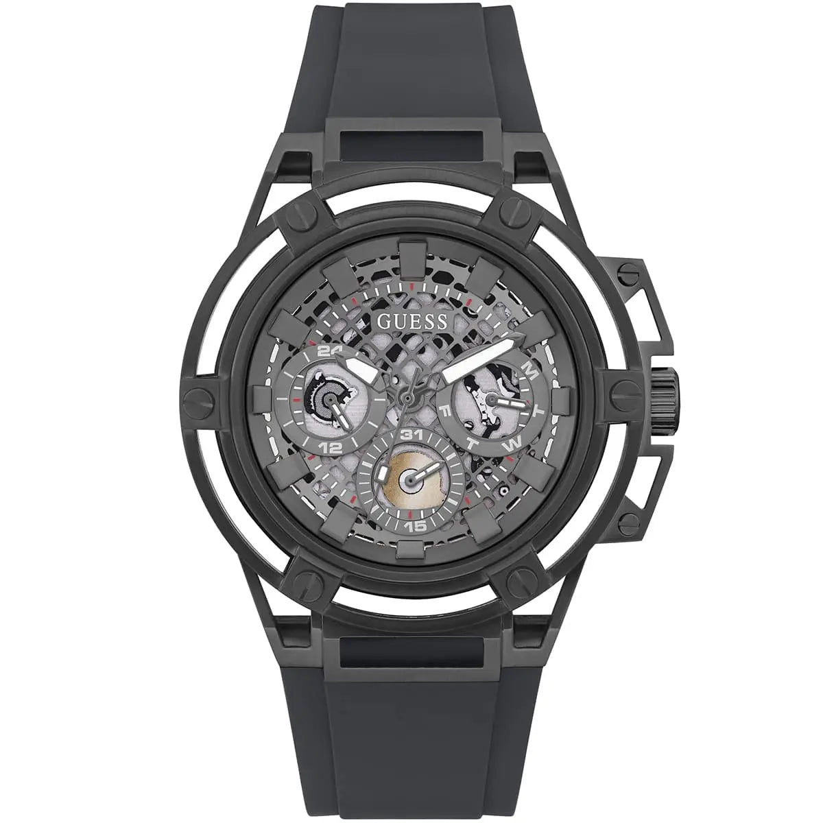 Guess Matrix men's watch with gunmetal skeleton dial and black rubber strap