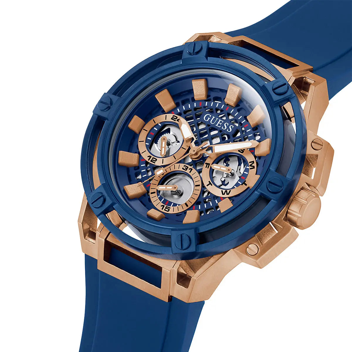 Guess Matrix watch angled view showing blue bezel, rose gold case and blue rubber strap
