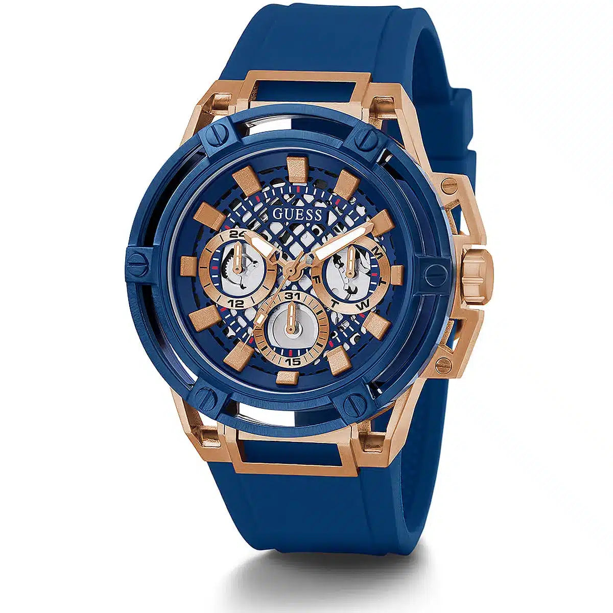 Guess Matrix men's watch front view with blue dial and rose gold accents on blue rubber strap