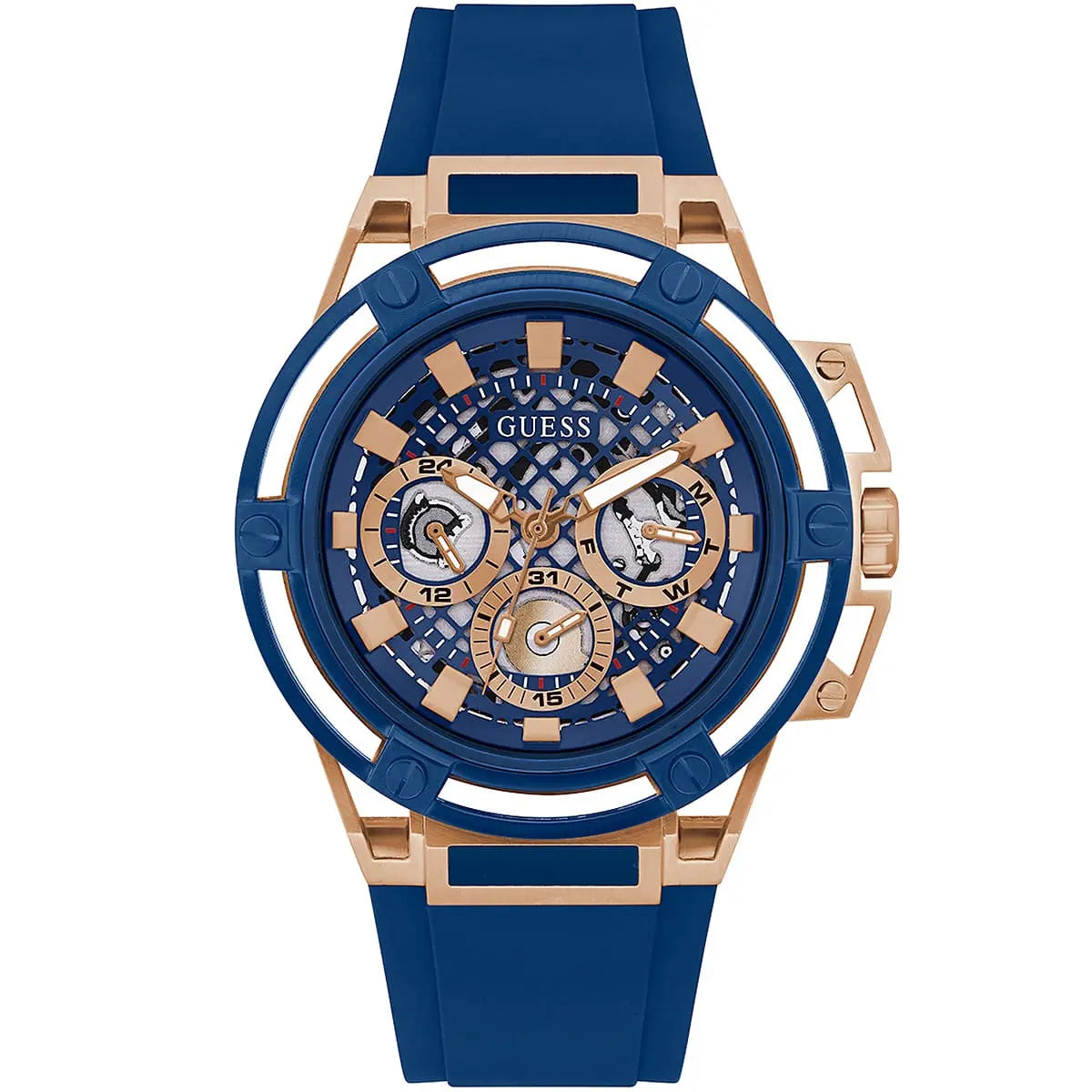 Guess Matrix men's watch with blue dial, rose gold case, blue rubber strap and chronograph subdials