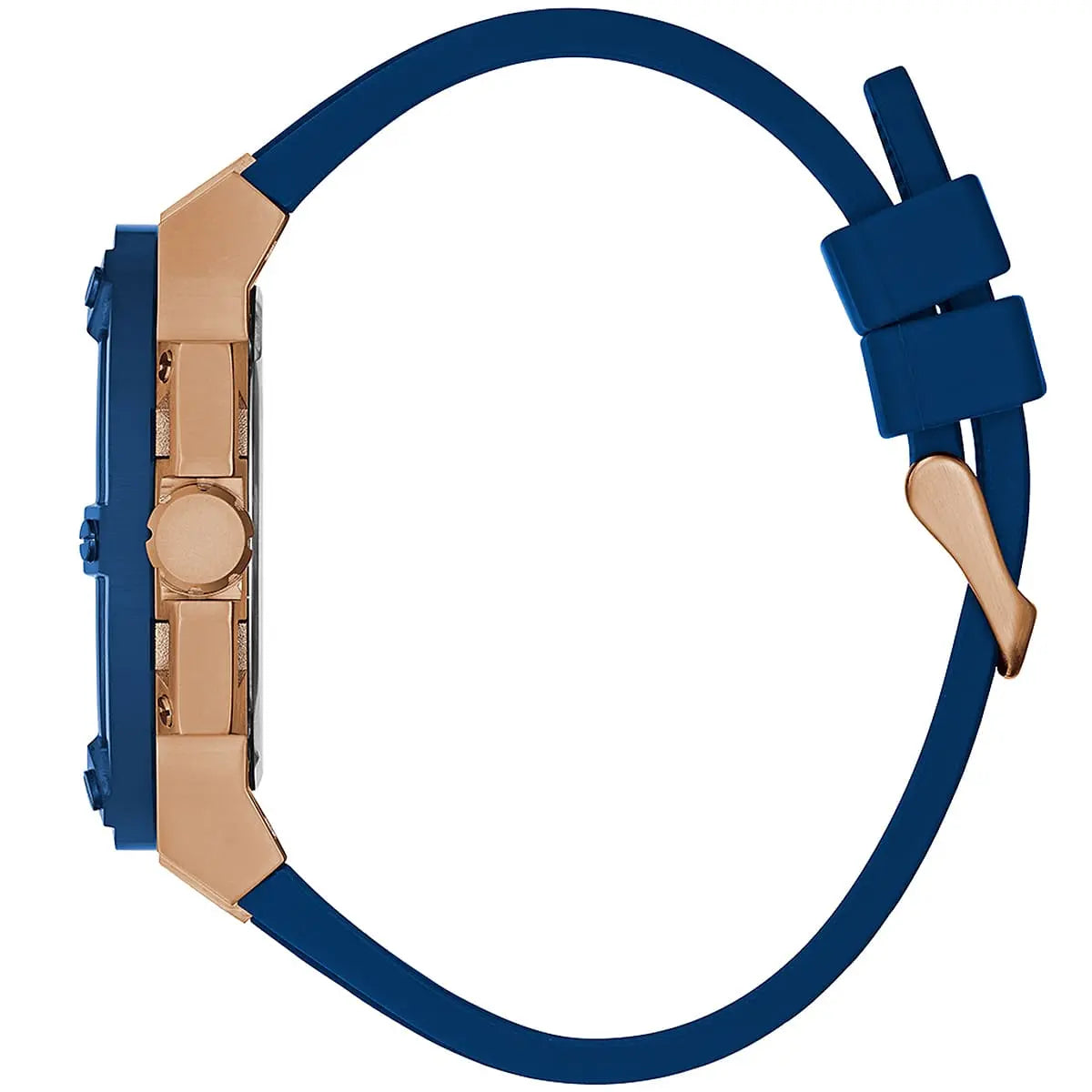 Guess Matrix watch side view showing rose gold case, blue rubber strap and buckle closure
