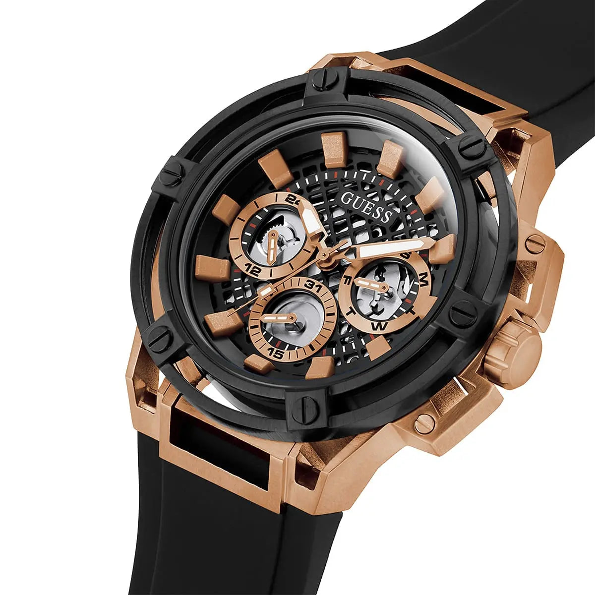 Guess Matrix watch angled view showing rose gold case, black bezel, and chronograph complications