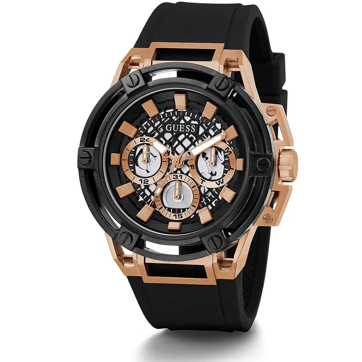 Front view of Guess Matrix chronograph watch with exposed mechanism on black dial