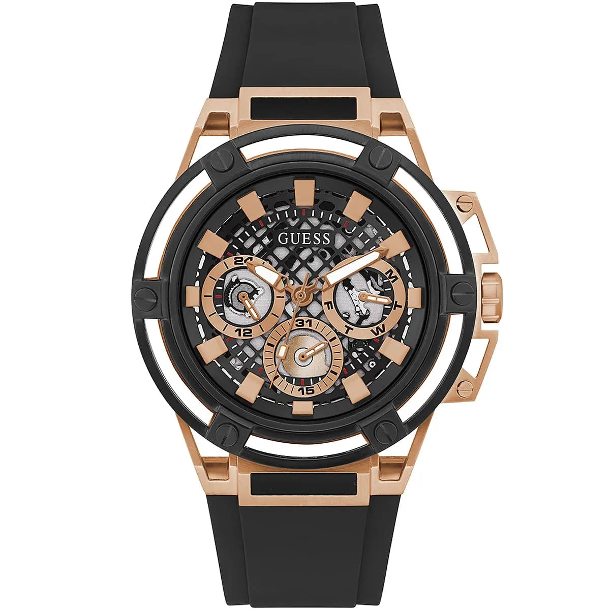 Guess Matrix men's watch with black dial, rose gold case, and multifunction chronograph subdials
