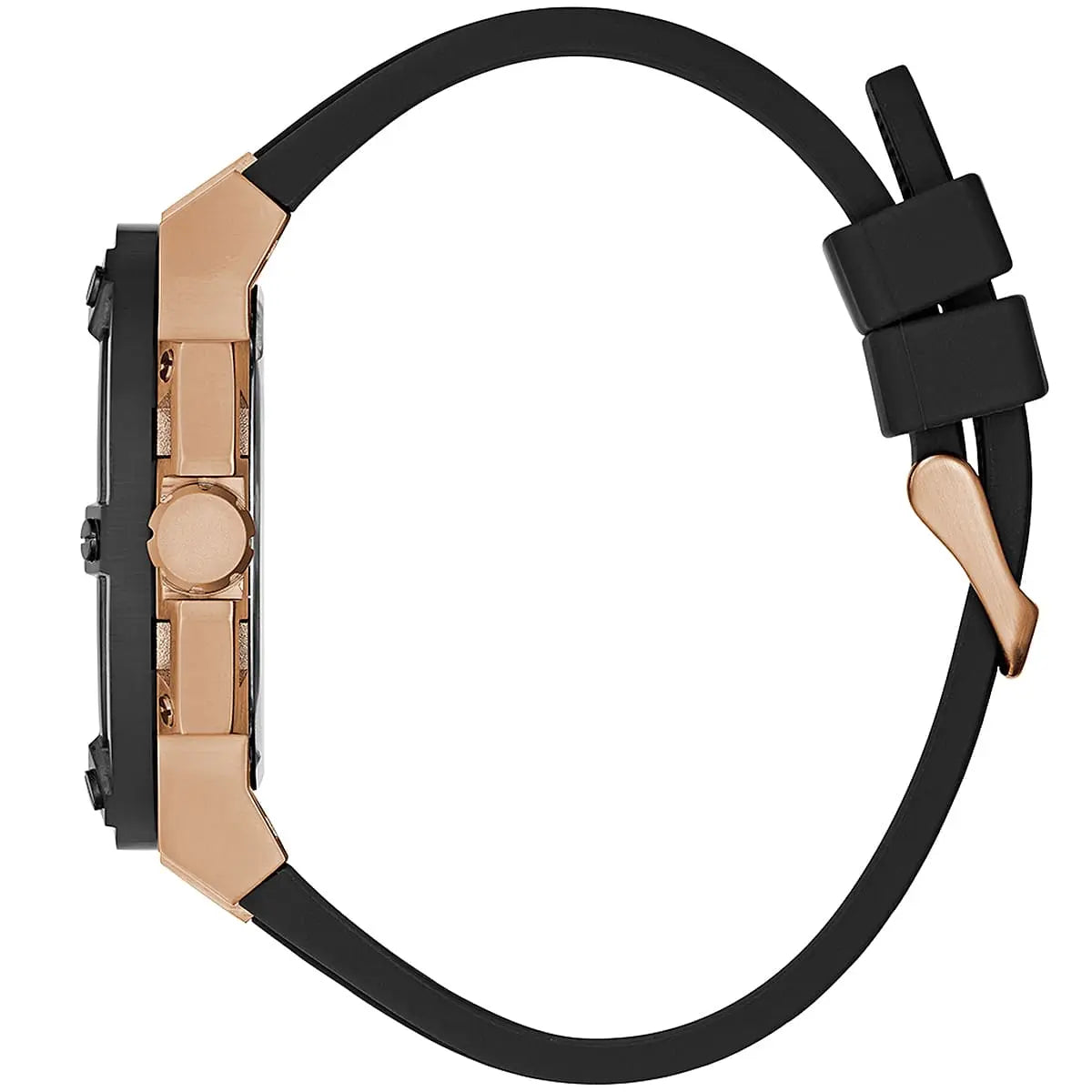 Side profile of Guess Matrix watch showing rose gold case and black rubber strap with deployment clasp