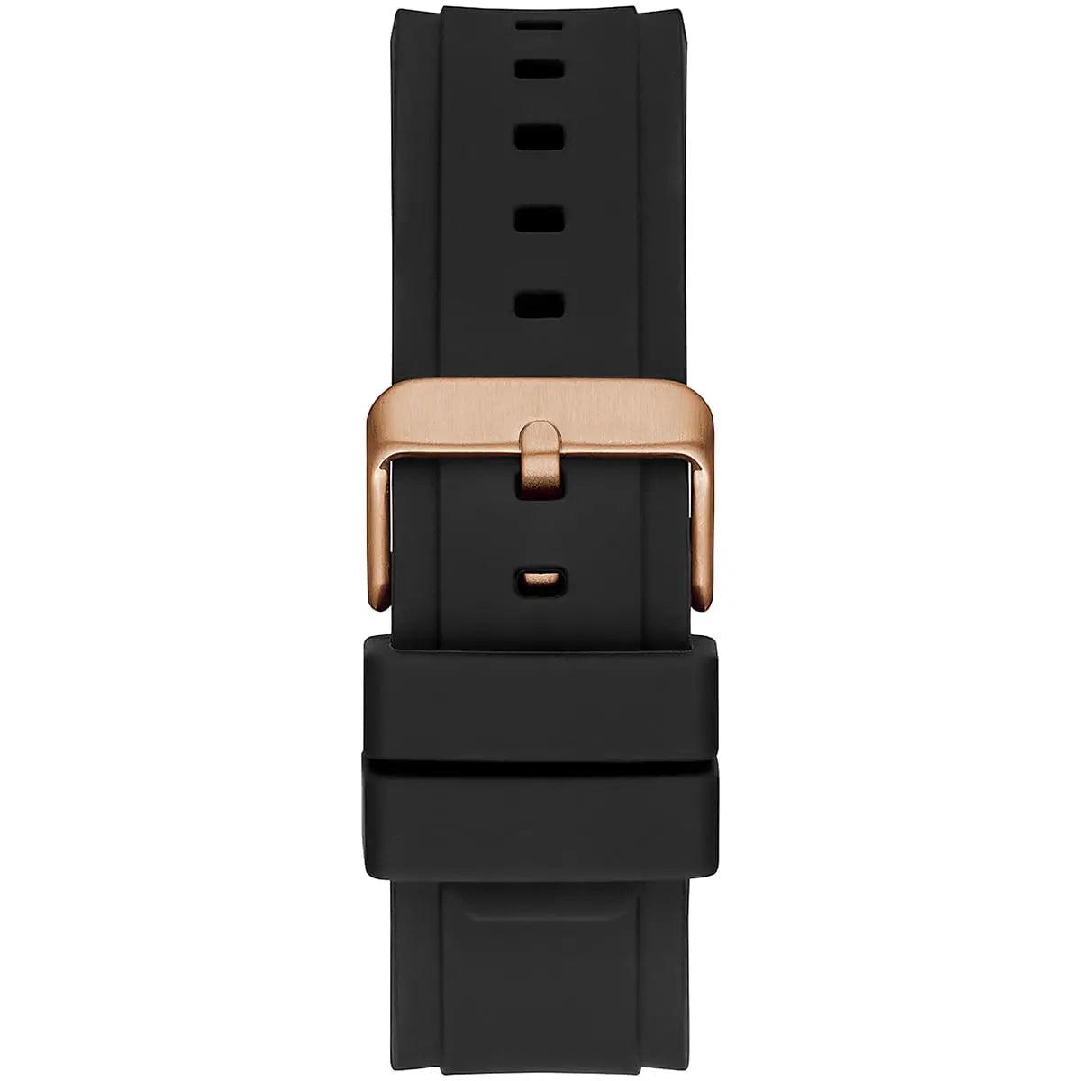 Guess Matrix black rubber strap with rose gold buckle and adjustment holes detail