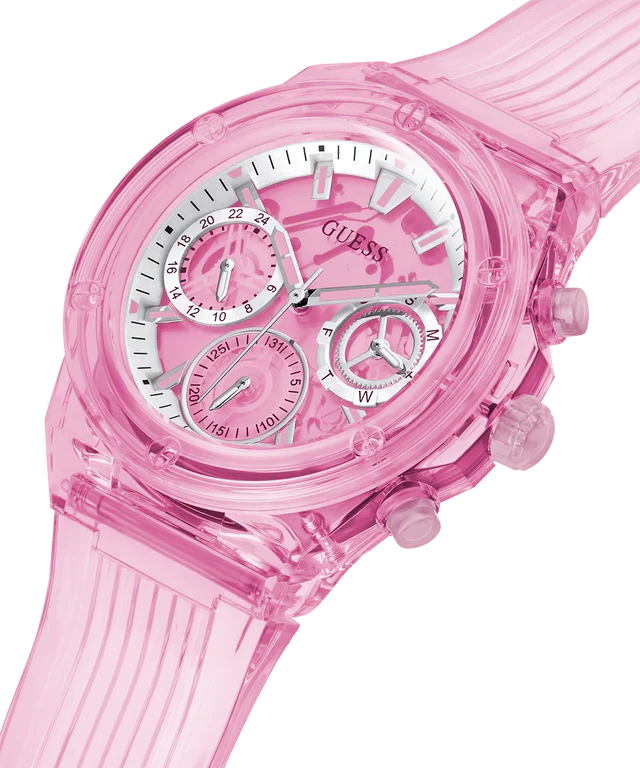 Angled view of Guess GW0438L2 pink transparent case with chronograph subdials and pink strap