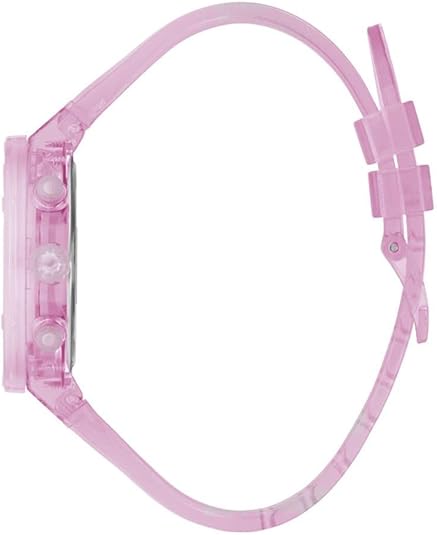 Transparent pink silicone strap and case side profile of Guess GW0438L2 watch