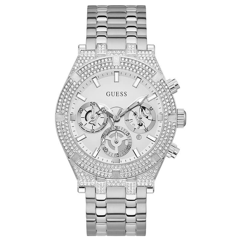 Guess GW0455G1 silver dial chronograph watch with diamond-set bezel and silver steel bracelet