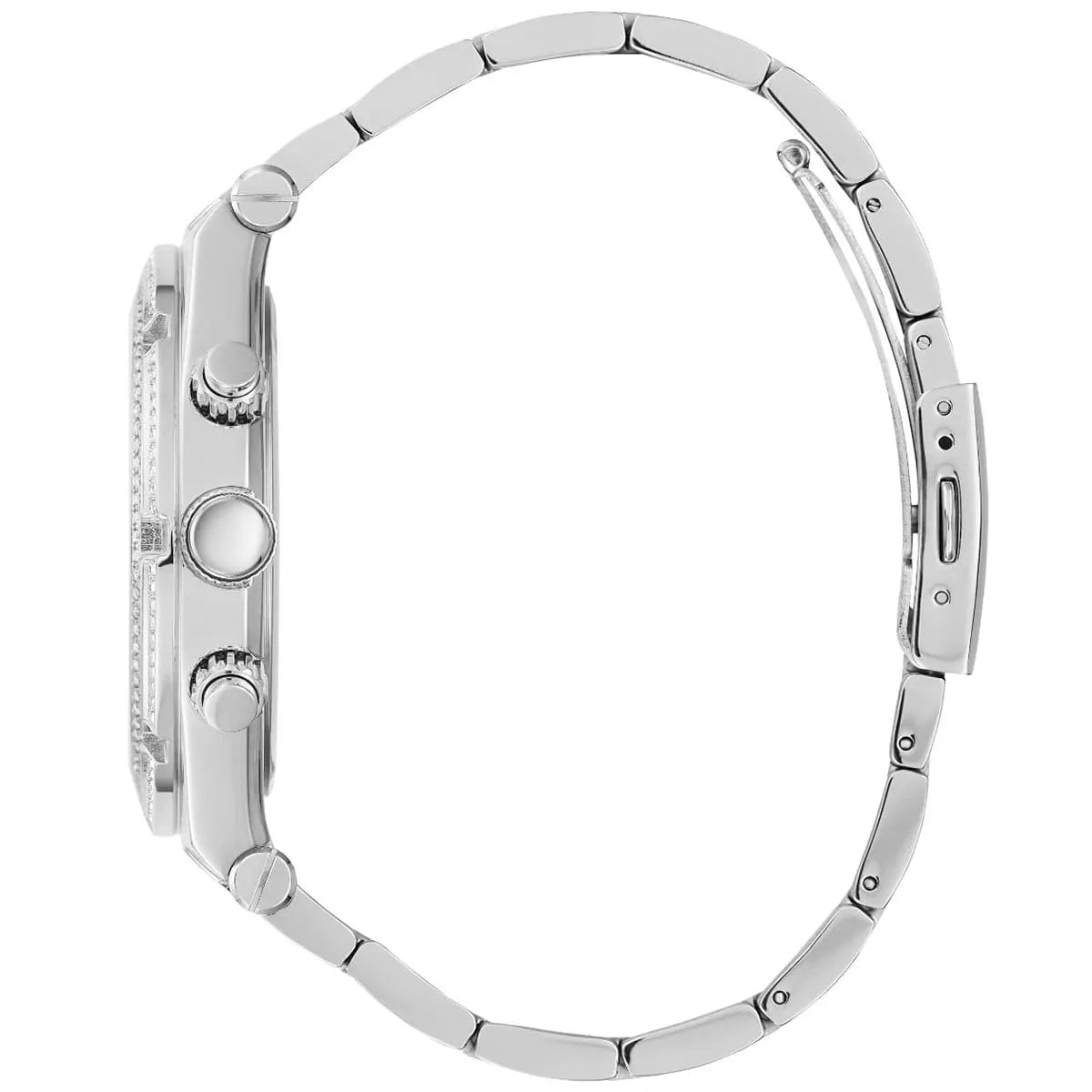 Guess GW0455G1 watch side view showing silver steel bracelet and case profile