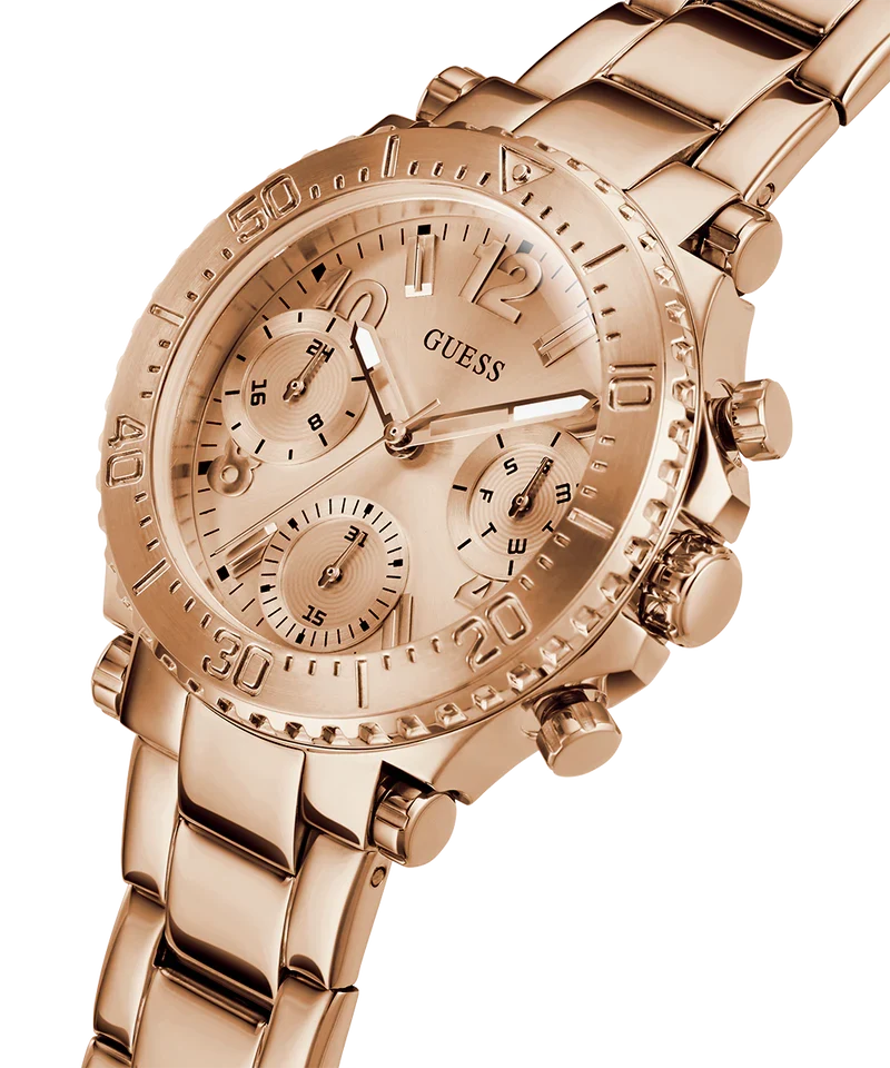 Angled view of Guess Cosmic watch showing chronograph subdials and rose gold case detail