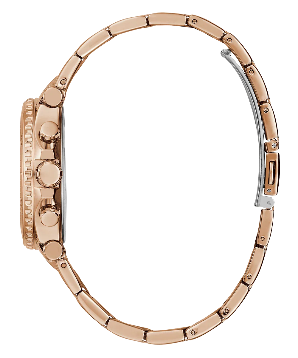 Side profile of Guess Cosmic rose gold bracelet and case showing watch thickness