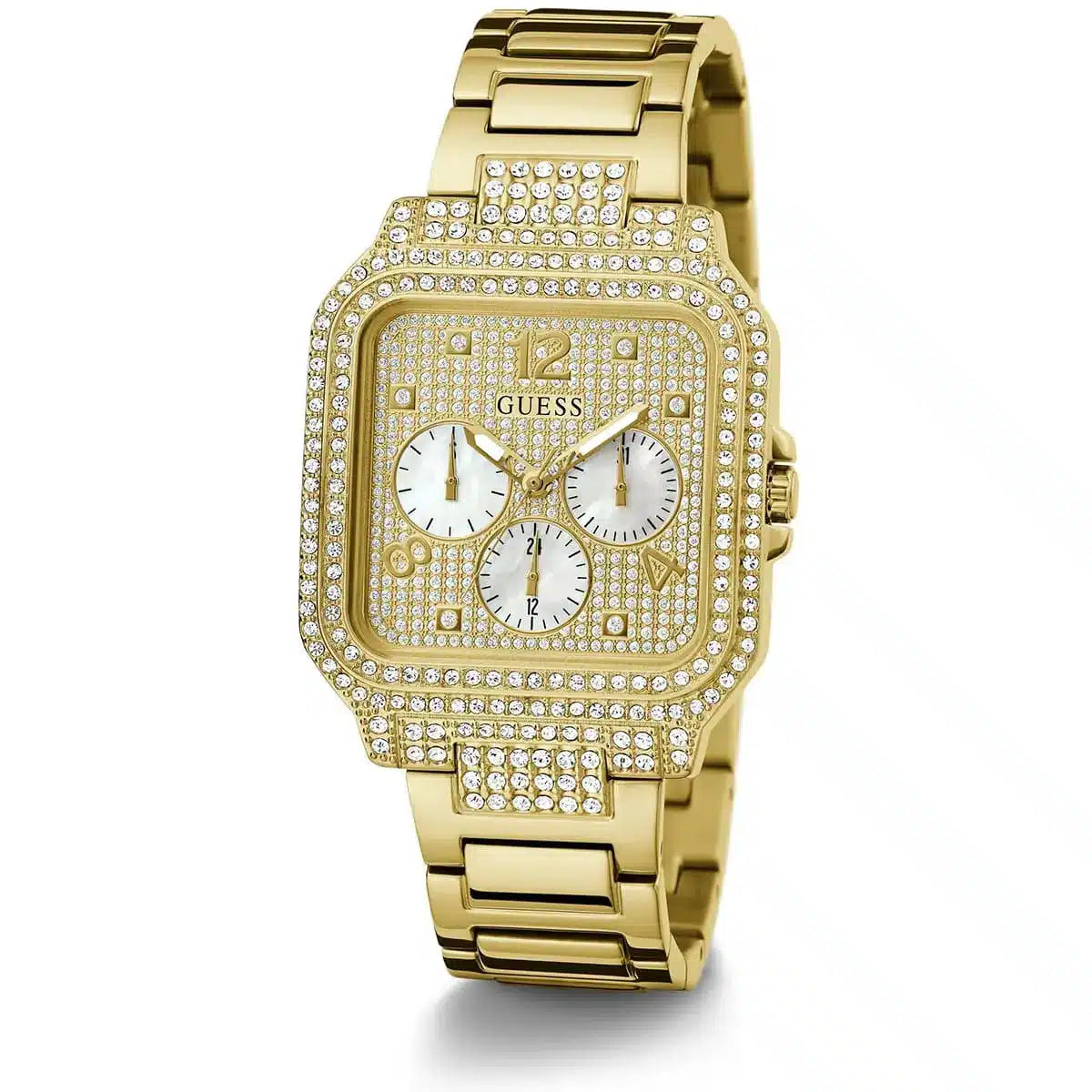 Guess Deco women's watch front view with crystal-encrusted case and gold bracelet