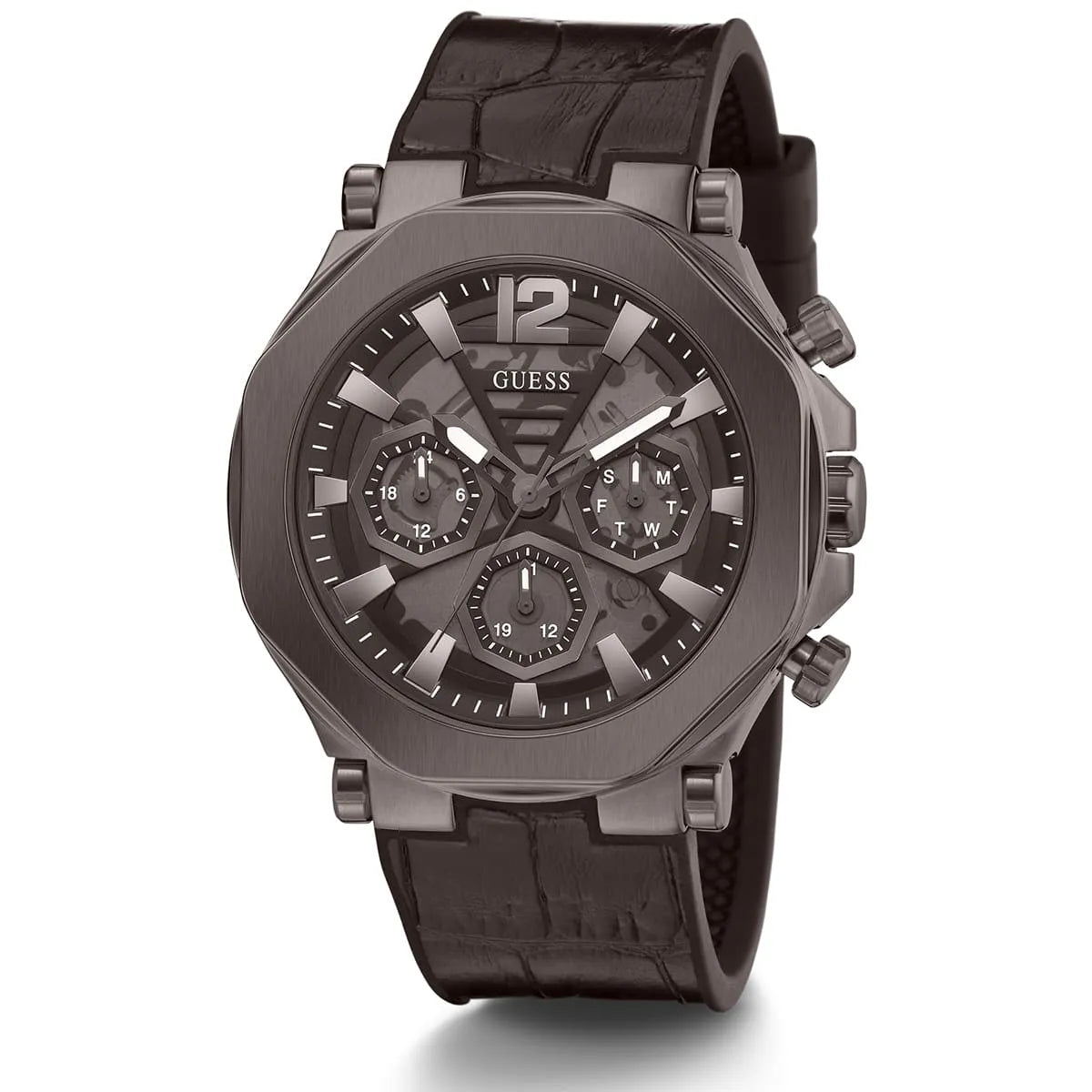 Guess Edge men's chronograph watch at three-quarter angle showing brown dial and leather strap