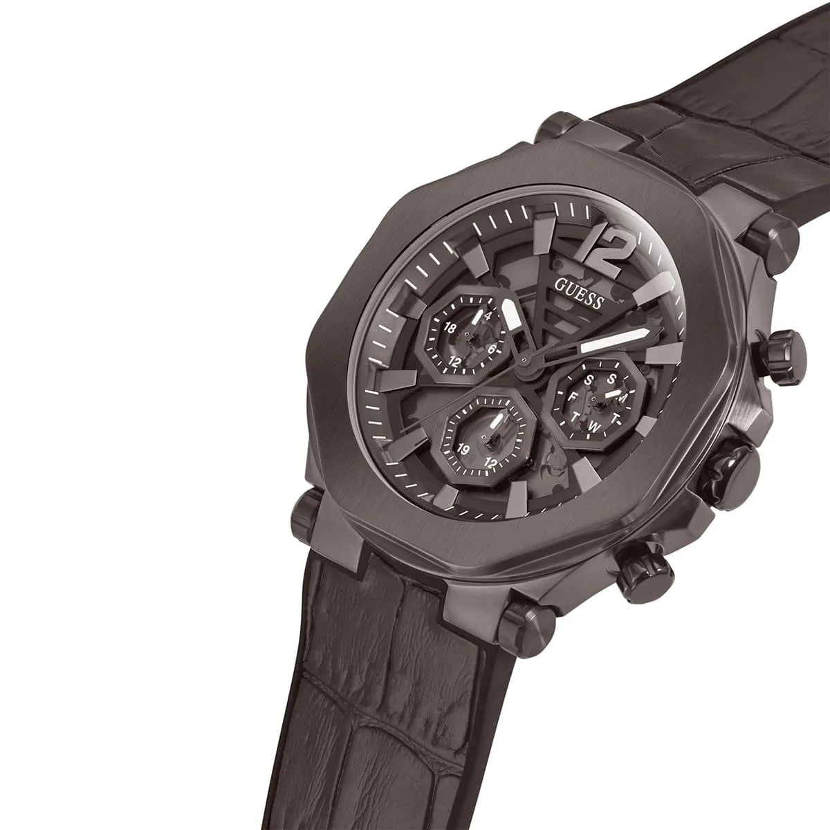 Guess Edge chronograph watch side view displaying brown case and crocodile-texture leather strap