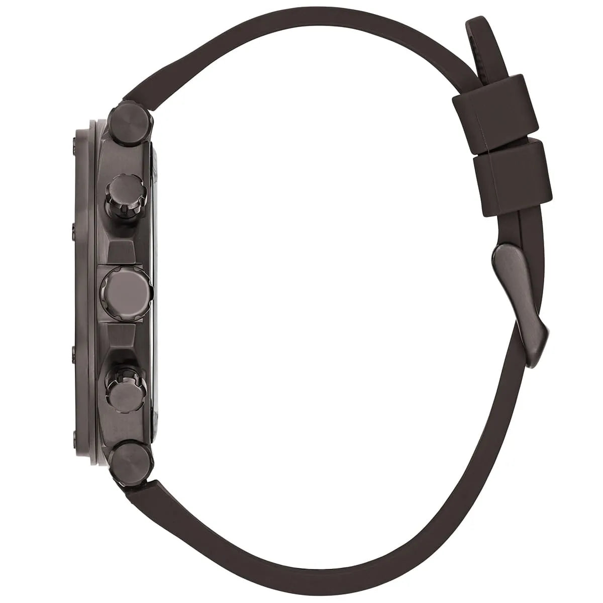 Guess Edge chronograph watch side profile showing case depth and brown leather strap