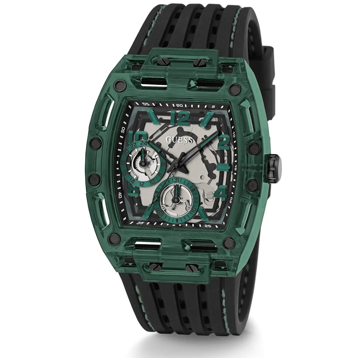 GUESS GW0499G7 men's watch angled view showing green tonneau case with skeleton movement and rubber strap