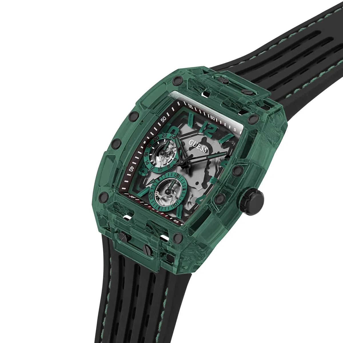 GUESS GW0499G7 men's watch side view displaying green case profile and black rubber strap