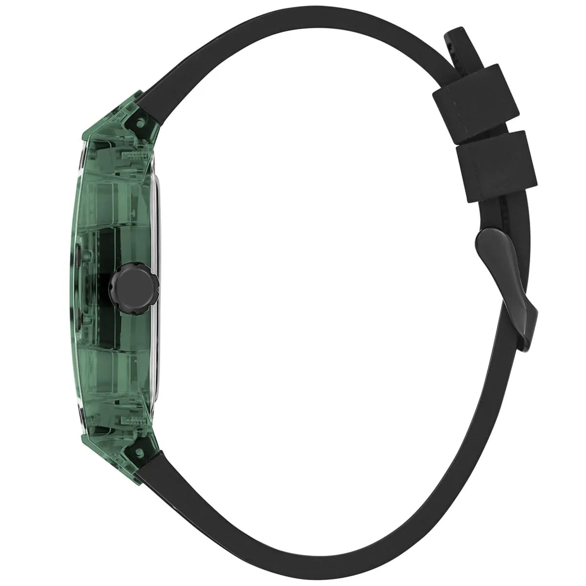 GUESS GW0499G7 men's watch worn on wrist showing green case with skeleton dial and black rubber strap
