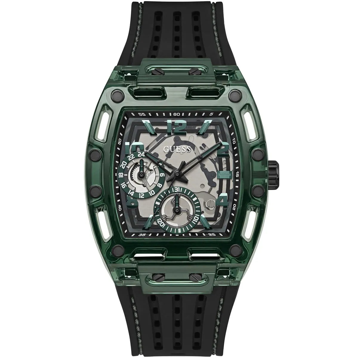 GUESS GW0499G7 square men's watch with green case, black skeleton dial, and black rubber strap
