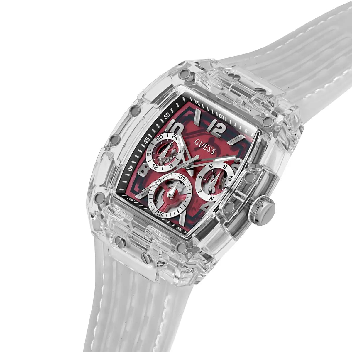 Guess Phoenix Quartz Burgundy Dial Transparent Silicone Strap Men Watch - GW0499G9