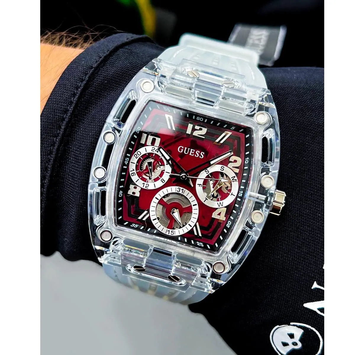 Guess Phoenix Quartz Burgundy Dial Transparent Silicone Strap Men Watch - GW0499G9