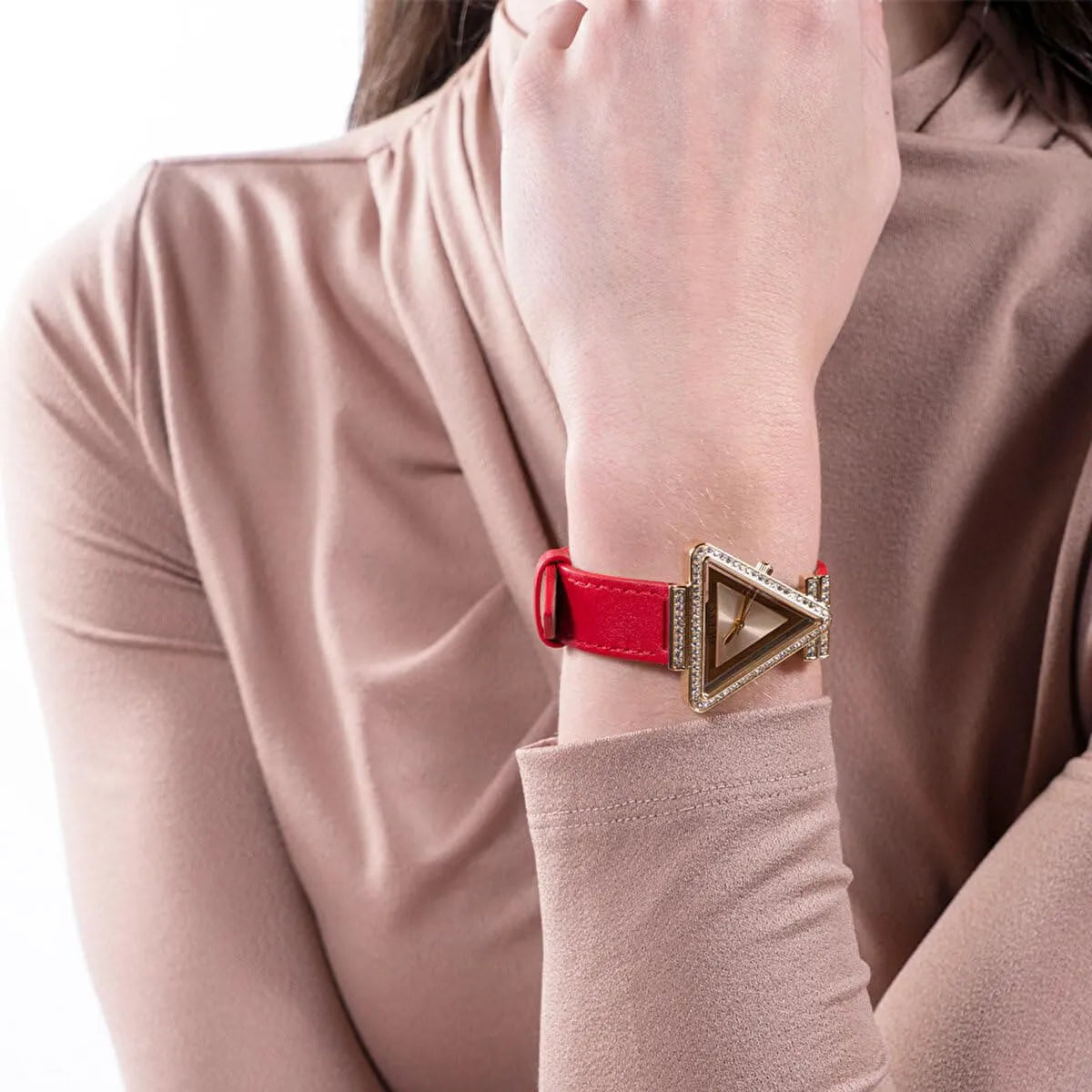 Guess Quartz Red Leather Strap Champagne Dial 34mm Women's Watch - GW0504L2
