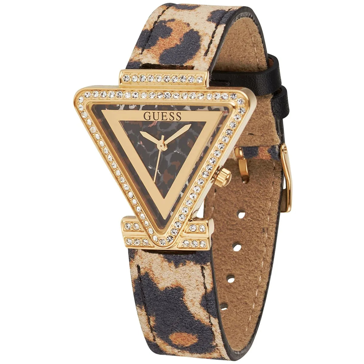 Gold triangular case with crystal bezel, animal print dial, three-hand movement, and multicolor leopard leather strap