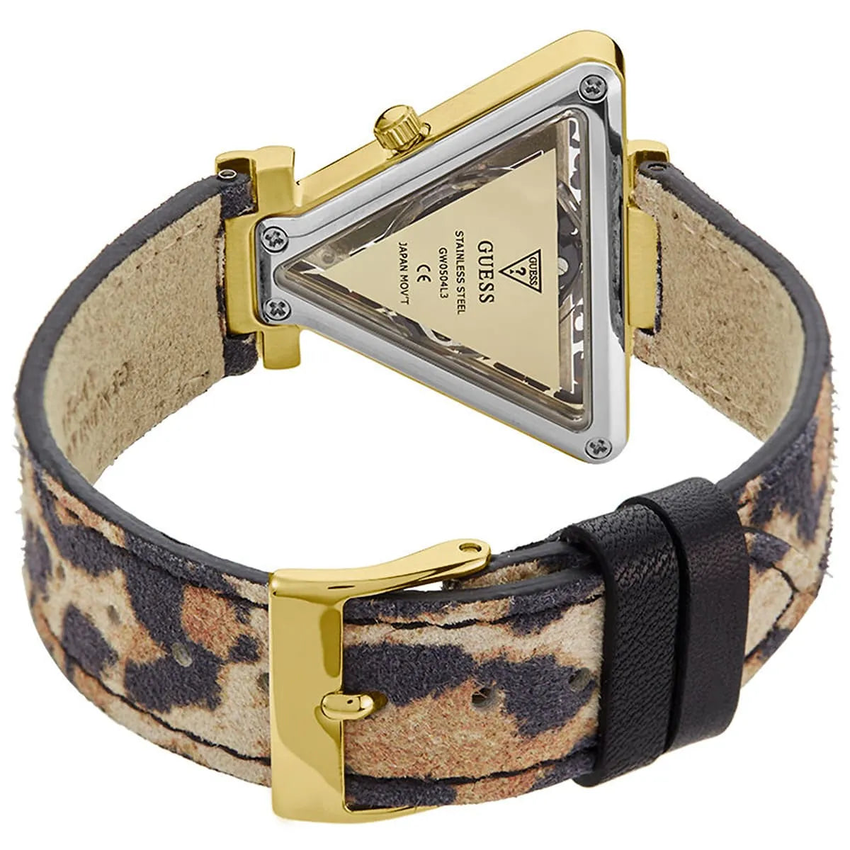 Guess Fame triangular quartz watch with animal print leather strap and stainless steel case back