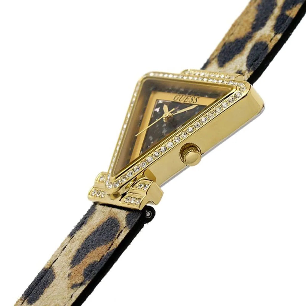 Multicolor leopard print leather strap with gold buckle and decorative elements on Guess Fame watch