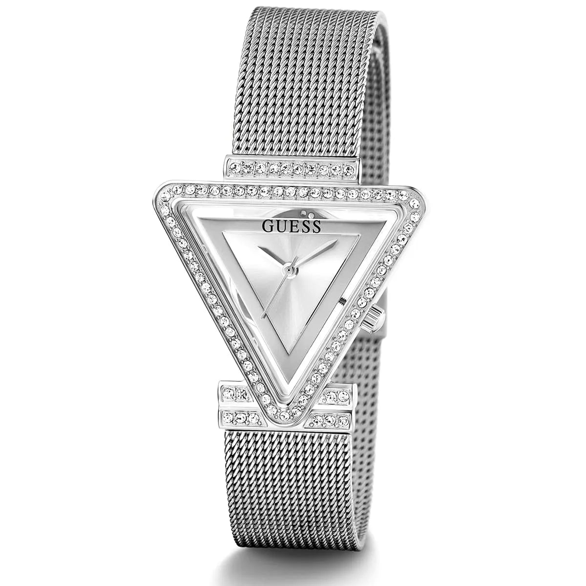 Side angle view of Guess Fame watch with crystal bezel and silver mesh strap