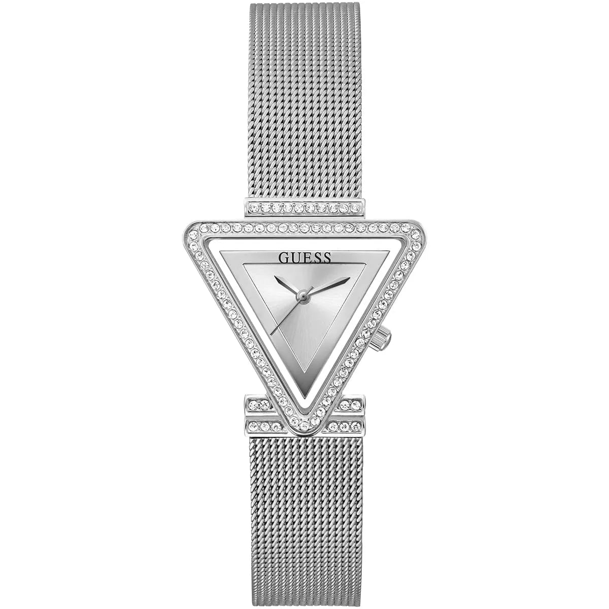 Guess Fame women's watch with silver dial, crystal-set triangular case, and silver mesh bracelet